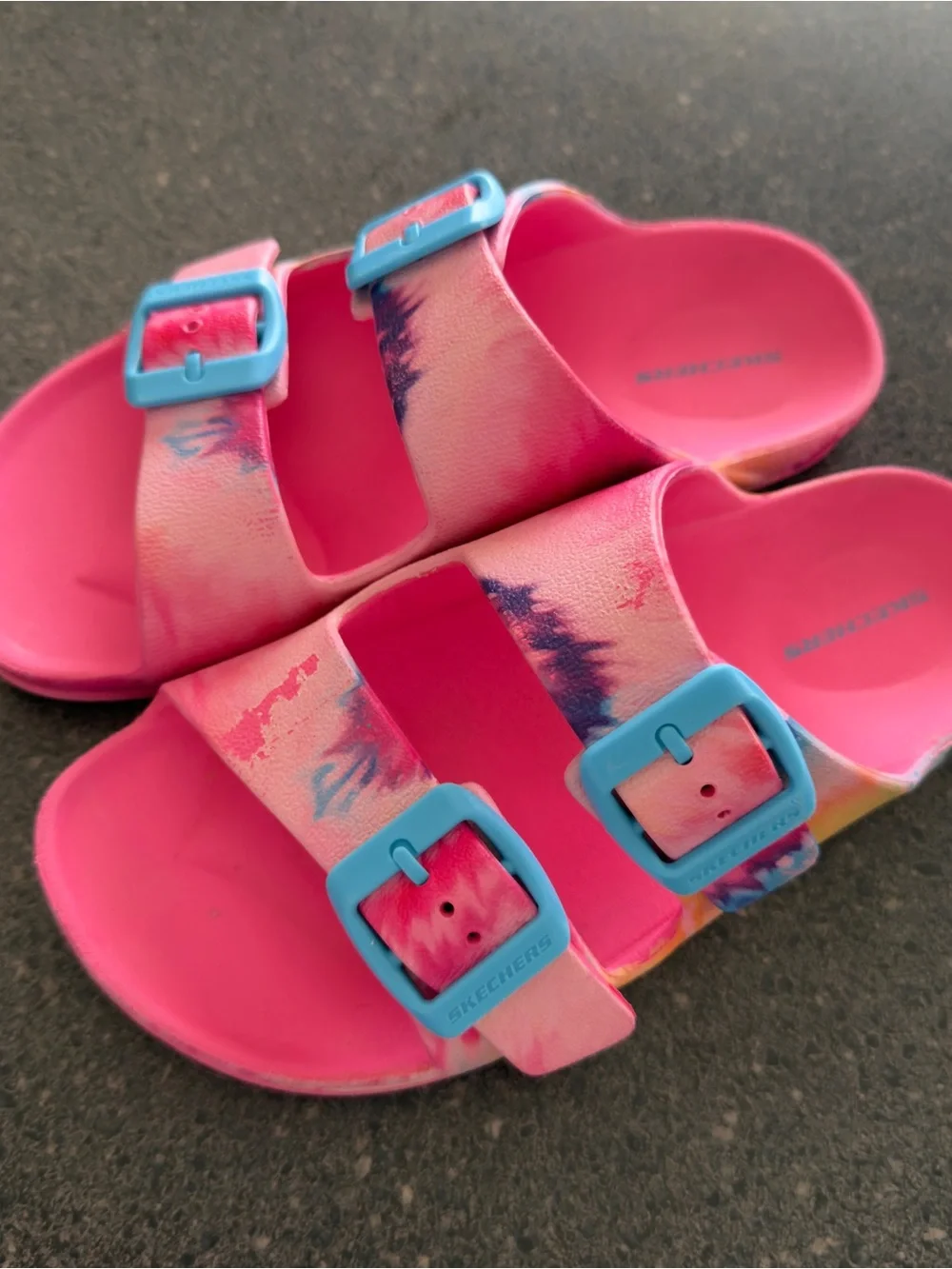 Skechers Pink Tie-Dye Slide Sandals with Blue Buckles 1